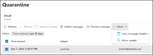 Quarantine email list with checkbox selection
