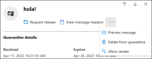 Quarantine message details flyout